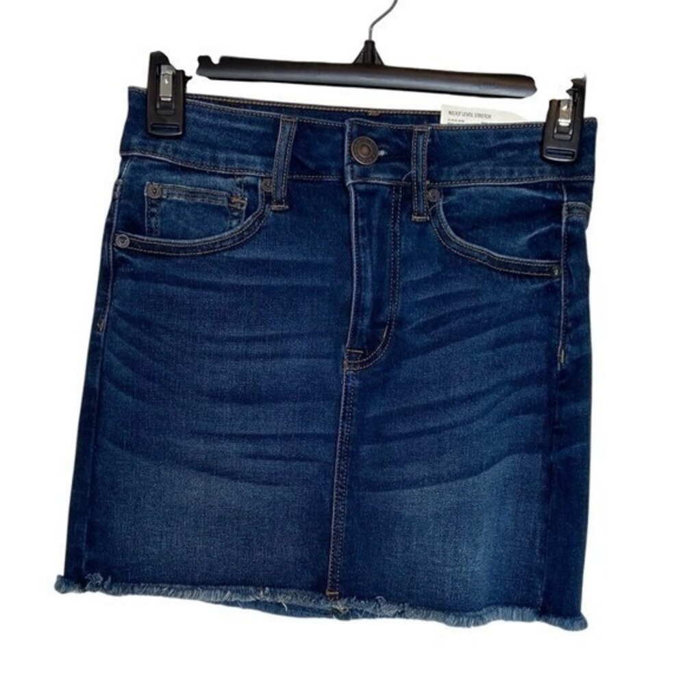 American Eagle Hi-Rise Mini Denim Skirt 0 Dark Wash Raw Hem Ne(x)t Level Stretch